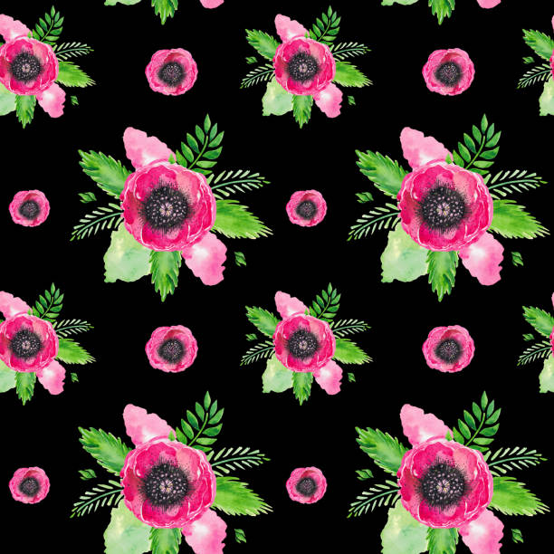 illustrazioni stock, clip art, cartoni animati e icone di tendenza di motivo illustrazione acquerello senza cuciture di papaveri rossi in fiore gambo foglie verdi floreale impostato su sfondo nero - stem poppy fragility flower