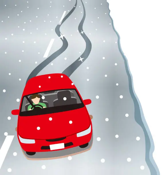 Vector illustration of Driving on a road where it froze and a light snowfall
