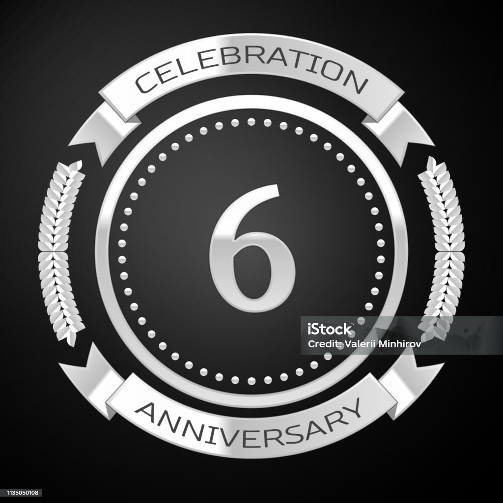 Six Years Anniversary Celebration Design. Silver ring and ribbon on black background. Colorful Vector template elements for your birthday party Advertisement stock vector