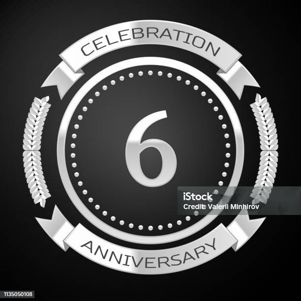 Six Years Anniversary Celebration Design Silver Ring And Ribbon On Black Background Colorful Vector Template Elements For Your Birthday Party Stock Illustration - Download Image Now