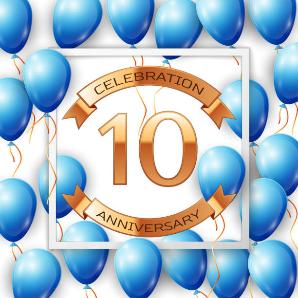 istock Realistic Blue balloons with inscription in centre ten years anniversary celebration. Gold ribbons in white square frame on white background. Vector Illustration 1135050393