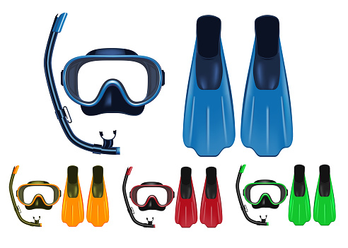 Mask, Snorkel and Fins 3D Realistic Set with Different Colors for Snorkeling, Free Diving and Scuba Diving Activities in Isolated White Background. Vector Illustration