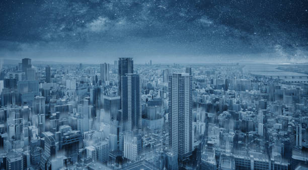 istock Futuristic blue smart city at night, starry sky. Smart city and technology background 1135052465