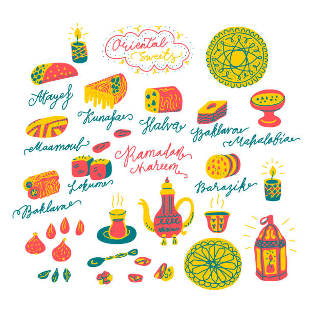 Sumilars_25 different shapes Oriental sweets hand drawn vector objects set. Illustration made in doodle style. Set of 
food objects for package, merch and other design. Modern concept of flat design. baklava stock illustrations