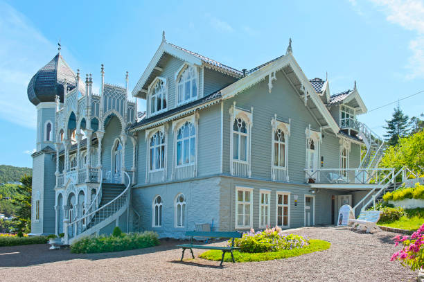 Villa of Ole Bull on Lysoen Island LYSOEN ISLAND, NORWAY - JULY 19, 2018: Villa of Norwegian violin virtuoso Ole Bull on Lysoen Island, 25 km south of Bergen kode stock pictures, royalty-free photos & images