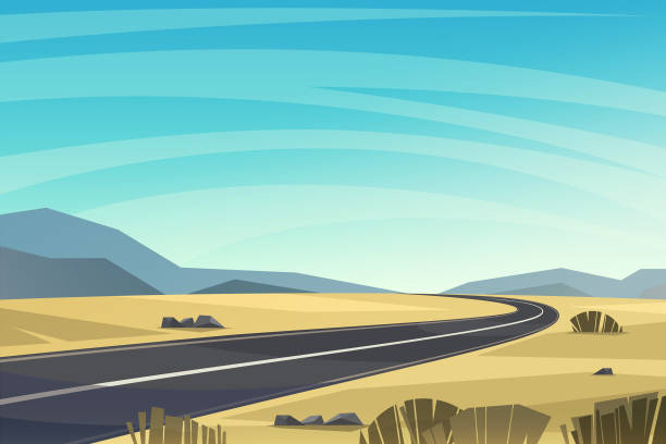 illustrazioni stock, clip art, cartoni animati e icone di tendenza di strada asfaltata che attraversa lo sfondo vettoriale del deserto. - desert dry land drought