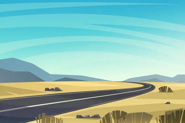 Vector illustration of Asphalt road passing through the desert vector background.