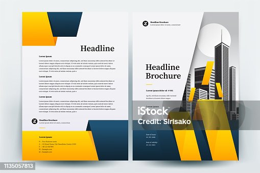 istock Brochure Flyer Template Layout Background Design. booklet, leaflet, corporate business annual report layout with white, yellow and blue geometric background template a4 size - Vector illustration. 1135057813