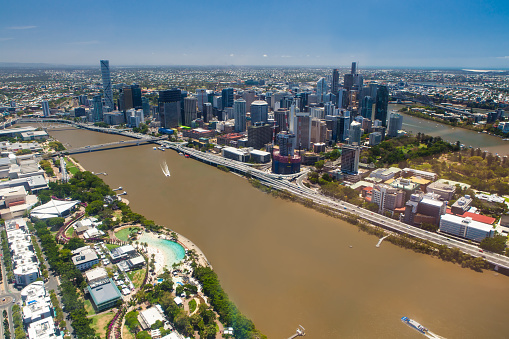 Aerial image of Brisbane River, City and South Bank, Queensland Australia