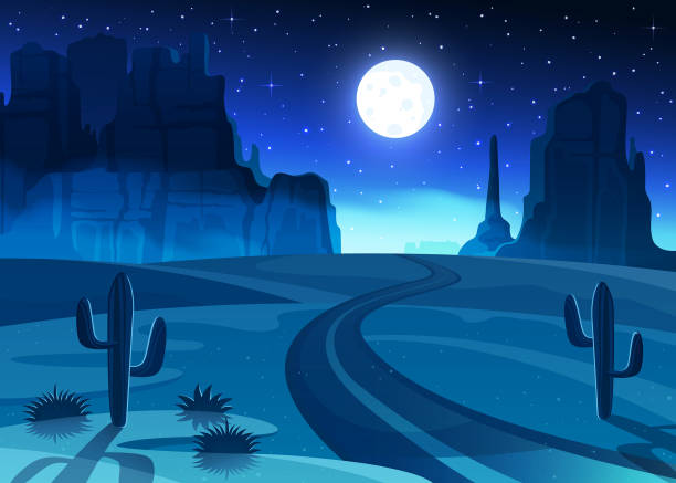 ilustrações, clipart, desenhos animados e ícones de rota 66 e a paisagem do deserto da garganta grande na ilustração do vetor da noite. - silhouette landscape cliff mountain