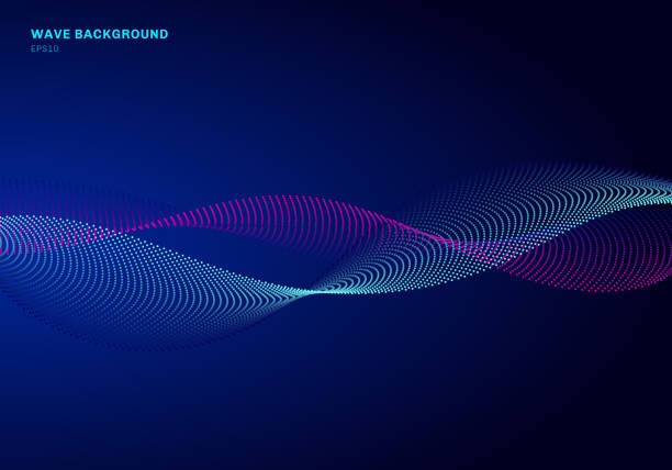 abstraktes netzwerkdesign mit teilchenblau und rosa welle. dynamische teilchen erklingen welle, die auf glühenden punkten dunklen hintergrund fließt. - abstract wave blue lines stock-grafiken, -clipart, -cartoons und -symbole