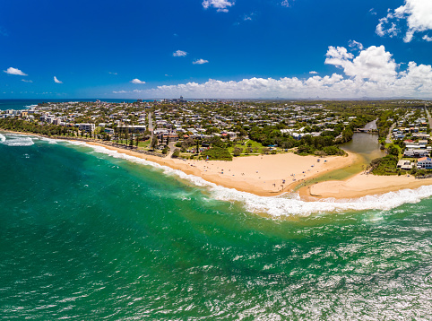 Aerial panoramic images of Dicky Beach, Caloundra, Queensland, Australia
