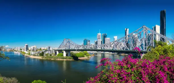 BRISBANE, AUS - AUGUST 9 2016: Panoramic view of Brisbane Skyline with Story Bridge and the river. It is Australias third largest city, capital of Queensland.