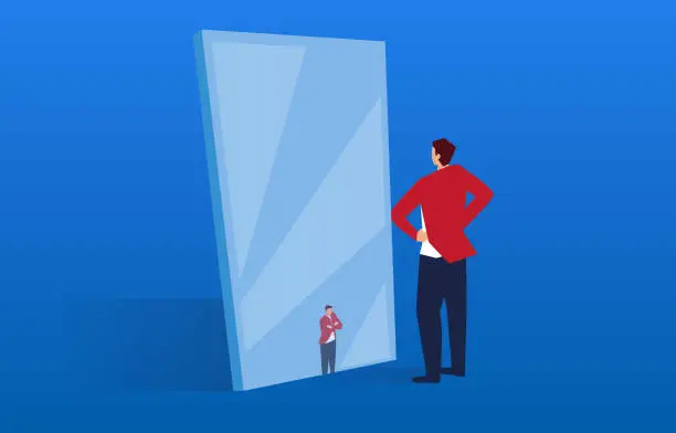 Vector illustration of The businessman in the mirror has become small