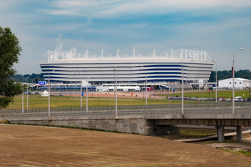 Kaliningrad, Russia - June 13, 2018: View of the modern Kaliningrad football stadium (also called Arena Baltika) for holding games of the FIFA World Cup of 2018 in Russia.
