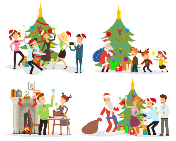 ilustrações de stock, clip art, desenhos animados e ícones de funny scenes: people celebrate the new year. - dinner friends christmas