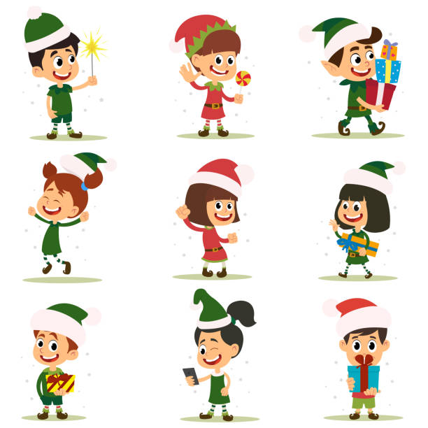 illustrations, cliparts, dessins animés et icônes de ensemble de personnage de dessin animé enfants elfes. - elf babies and children feelings and emotions holidays and celebrations