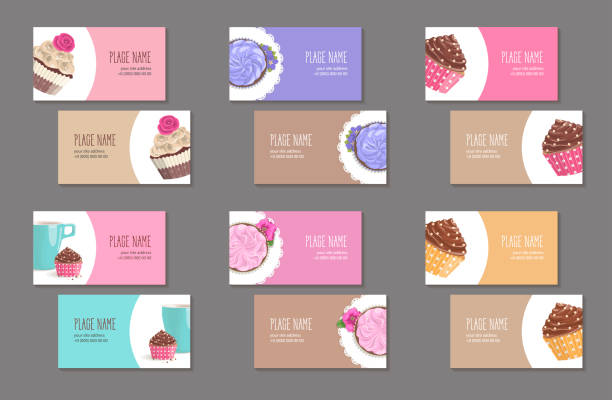 set der corporate branding visitenkarte mit kuchen - cupcake chocolate pink polka dot stock-grafiken, -clipart, -cartoons und -symbole