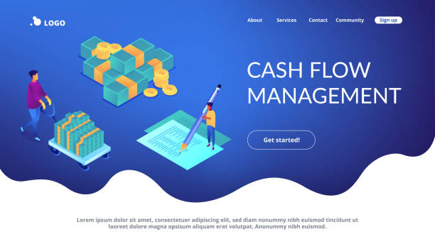 Cash flow statement isometric 3D landing page. Financial analyst with computer and pen calculating cash flow statement. Cash flow statement, cash flow management, financial plan concept. Isometric 3D website app landing web page template operating budget stock illustrations