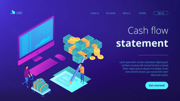 Cash flow statement isometric 3D landing page. Financial analyst with computer and pen calculating cash flow statement. Cash flow statement, cash flow management, financial plan concept. Isometric 3D website app landing web page template operating budget stock illustrations