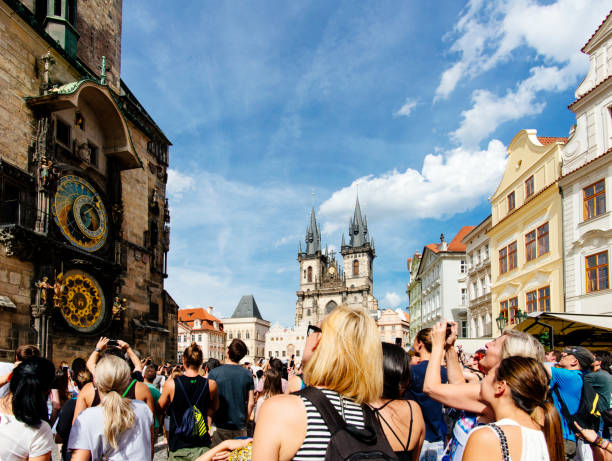 over crowded old town of Prague stock photo