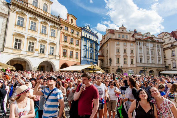 Prague, Czech republik, eastern europe- august  04, 2016: Thousands of tourists visiting the old town of Prague at the holiday season