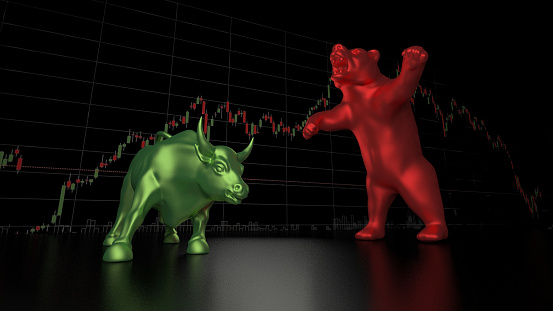 Bull and bear trading graph and bar chart in green show positive opportunity in stock market,Chance for financial investment, Economic trends, Concept for finance and business Black background 3D illustration.