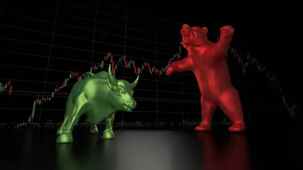 Photo of Bull and bear trading graph and bar chart in green show positive opportunity in stock market,Chance for financial investment, Economic trends, Concept for finance and business Black background 3D illustration.
