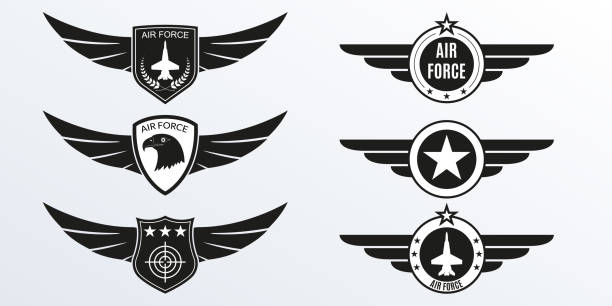 ilustrações de stock, clip art, desenhos animados e ícones de air force logo with wings, shields and stars. military badges. army patches. vector illustration. - wing