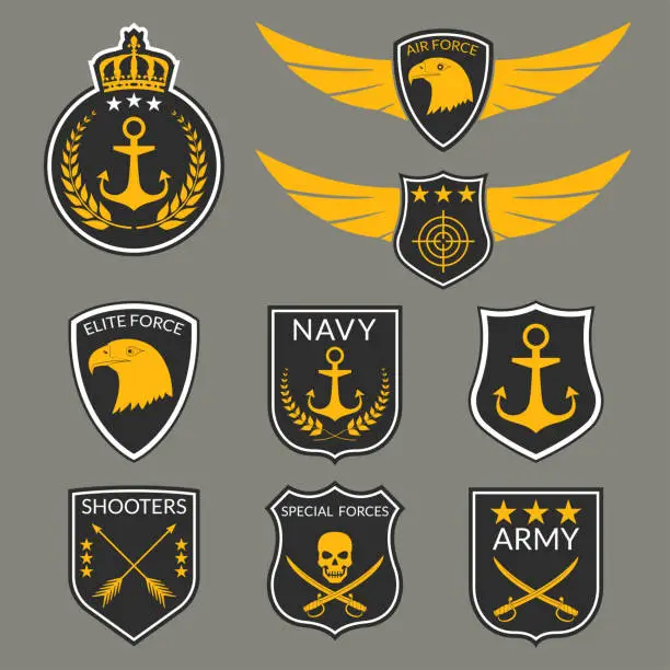 Vector illustration of Army and Military badge and logo set. Air Force emblem with Wings and Eagle head. Navy labels with anchor. Military patches with skull. Vector illustration.