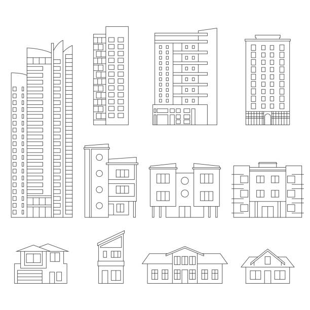 건물과 도시 주택 윤곽을 설정 합니다. 도시 또는 마을 디자인을 위한 현대적인 사무실 및 주거용 건물 컬렉션. 벡터 일러스트입니다. - flat line stock illustrations