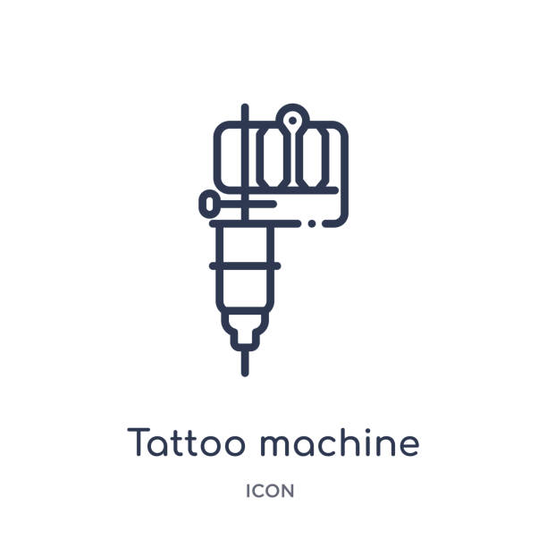 ilustraciones, imágenes clip art, dibujos animados e iconos de stock de icono de la máquina de tatuaje de otra colección de contorno. icono de la máquina de tatuaje de línea delgada aislado sobre fondo blanco. - tattoo machine