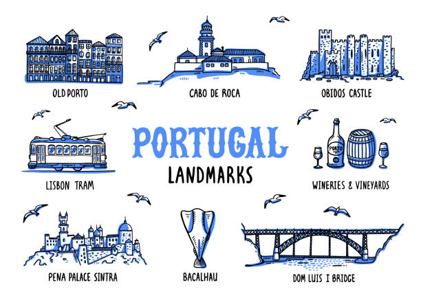 포르투갈 관광지 설정 합니다. 손으로 그린, 스케치, 스타일 벡터 일러스트 - portugal stock illustrations