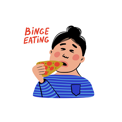 Psychology. Binge eating. Woman character with slice of pizza. Overweight female person suffering from overeating. Doodle slyle flat vector illustration