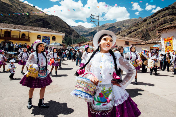 Coya, Cusco, Peru, south america - 2015 August 15: masked dancers on assumption day in Coya, small village near Cusco
