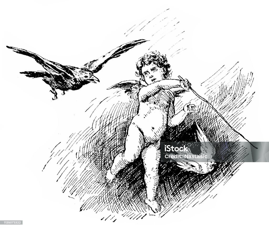 Angel child chasing raven ,vintage book ornament Illustration of a Angel child chasing raven ,vintage book ornament 19th Century Style stock illustration