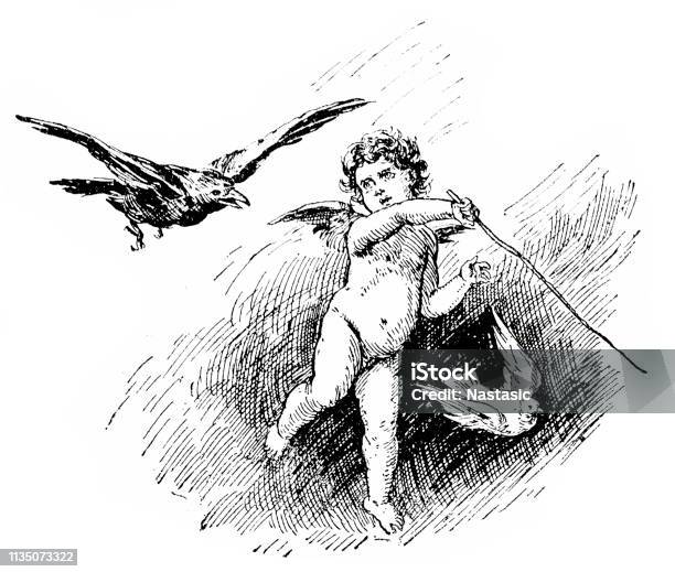 Angel Child Chasing Raven Vintage Book Ornament Stock Illustration - Download Image Now - 19th Century Style, Allegory Painting, Angel