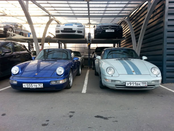 Moscow Autumn 2018. Porsche 911 Carrera 964 Targa. White and blue
