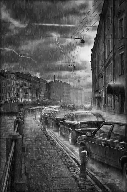 Torrential rain and lightning flashes. The embankment one of the canals of St. Petersburg where cars are parked. Illustration in dry brush style on the paper.