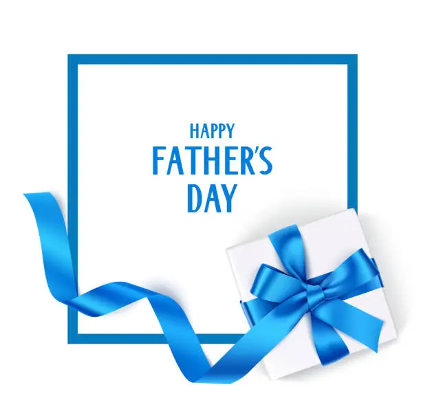 Vector illustration of Decorative gift box with blue bow and long ribbon. Happy Father's Day text. Top view. Holiday template