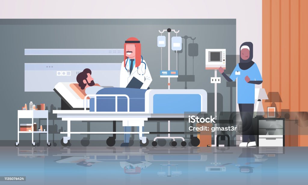 arab doctor and nurse in hijab visiting patient man lying bed with dropper intensive therapy ward healthcare concept hospital room interior medical clinic horizontal full length arab doctor and nurse in hijab visiting patient man lying bed with dropper intensive therapy ward healthcare concept hospital room interior medical clinic horizontal full length vector illustration Doctor stock vector