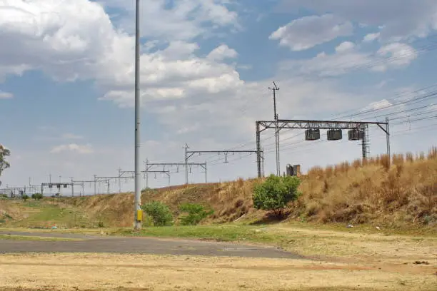 Tracks for the metrorail commuter train near Soweto, outside of Johannesburg, South Africa