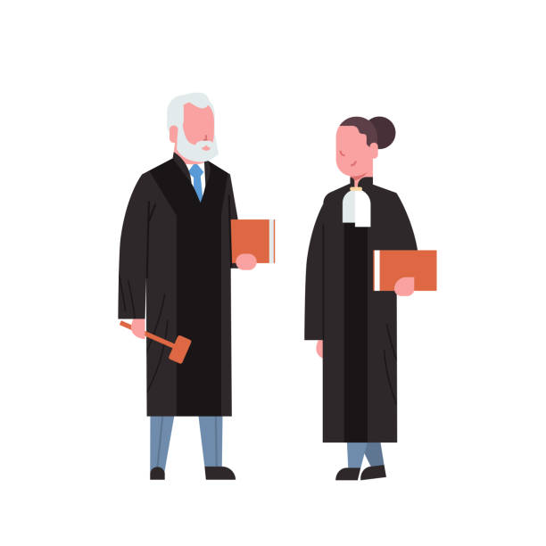 judge woman man couple court workers in judicial robe holding book and hummer low justice professional occupation concept cartoon characters full length white background flat judge woman man couple court workers in judicial robe holding book and hummer low justice professional occupation concept cartoon characters full length white background flat vector illustration lawyer backgrounds stock illustrations