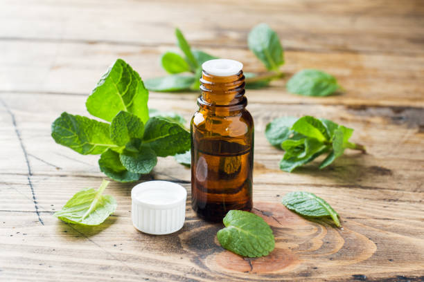 istock Essential aroma oil with peppermint on wooden background. Selective focus, copy space. 1135077149