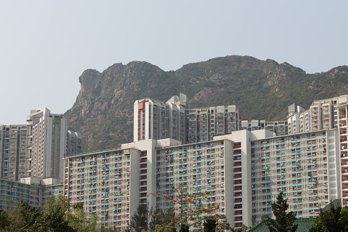 Public housing estates with the Lion Rock Hill background in Kowloon, Hong Kong.