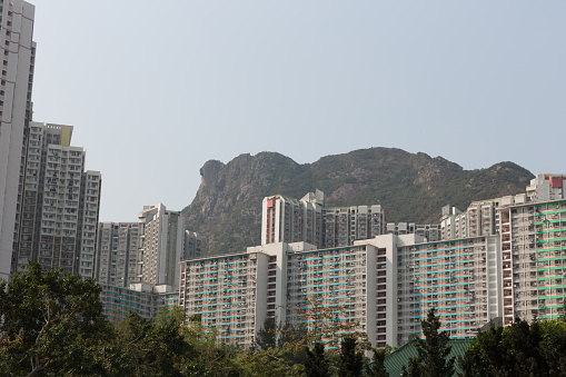 Public housing estates with the Lion Rock Hill background in Kowloon, Hong Kong.