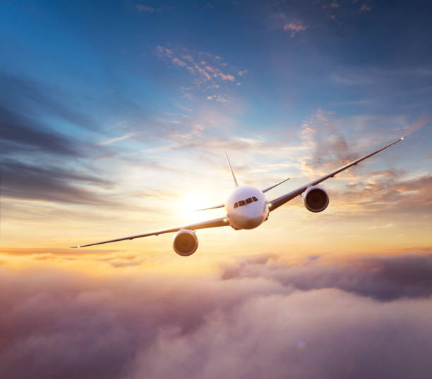 istock Commercial airplane flying over dramatic sunset 1135078457