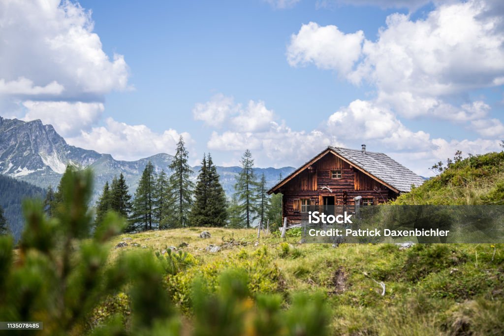 Idyllic mountain landscape in the alps: Mountain chalet, meadows and blue sky Mountain chalet in Austria: Idyllic landscape in the Alps Mountain Stock Photo
