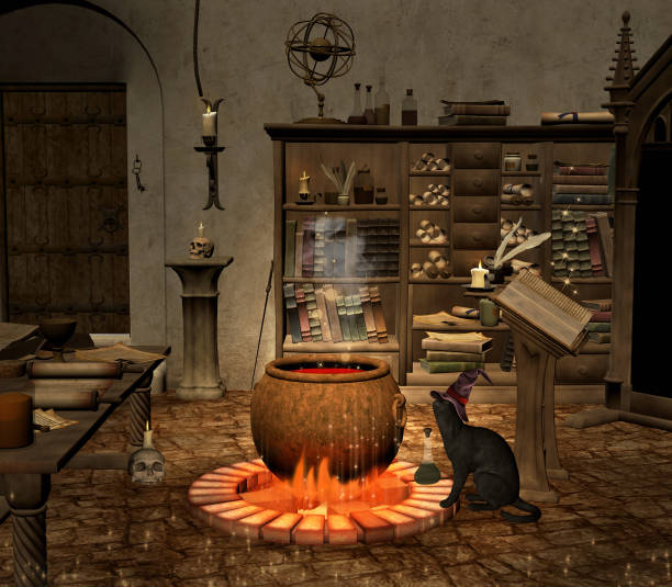 the wizard chamber - old laboratory alchemy alchemist imagens e fotografias de stock