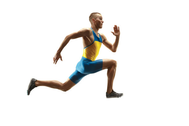 istock Young caucasian man running or jogging isolated on white studio background. 1135080152